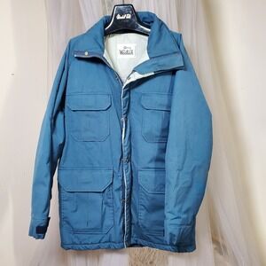 Vtg Woolrich Chore Coat Mens L Blue Parka Full Zip Utility Lined Cabin Puffer